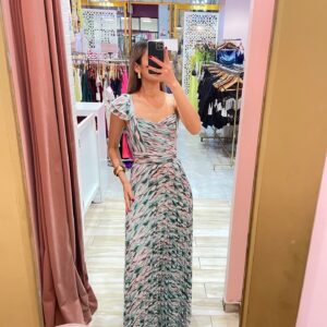 MAXI UN HOMBRO RAYITAS VERDES PLISADO FALDA