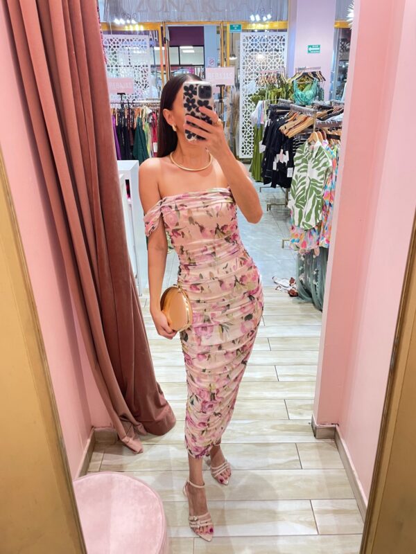 MIDI GASA TODO DRAPEADO OFF SHOULDERS FLOR MORADITA
