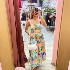 MIDI TIRANTES ONDITAS BLANCAS PRINT HOJA VERDE AZUL NARANJA
