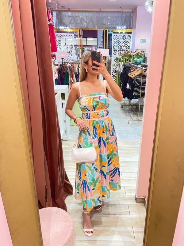 MIDI TIRANTES ONDITAS BLANCAS PRINT HOJA VERDE AZUL NARANJA