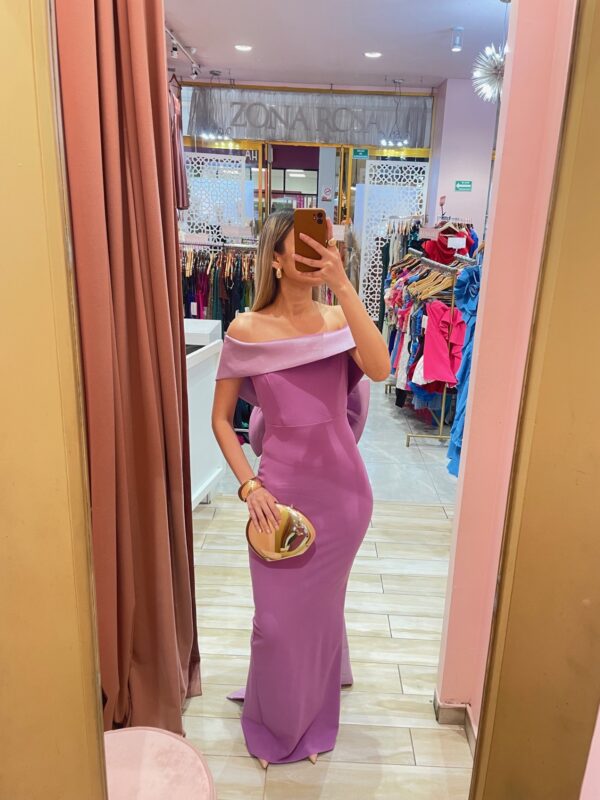 MAXI STRAPLES TAFETA OFF SHOULDERS CON MOÑO ESPALDA