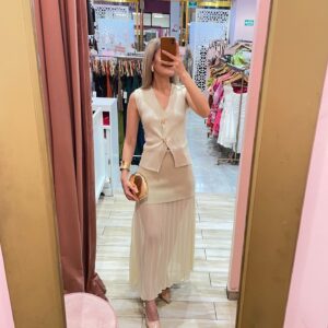 SET TEJIDO CHALECO Y FALDA CON CHIFON PLISADO