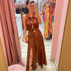 VESTIDO MIDI CAMISERO SIN MANGA ENCAJE BOTONES GRANDES