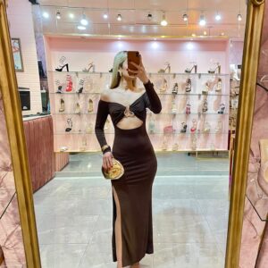 MIDI OFF SHOULDERS BRILLO MANGA LARGA BROCHE DORADO