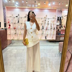 SET TEJIDO SOLIDO CHALECO Y FALDA MITAD TEJIDA ABAJO PLISADA CHIFON